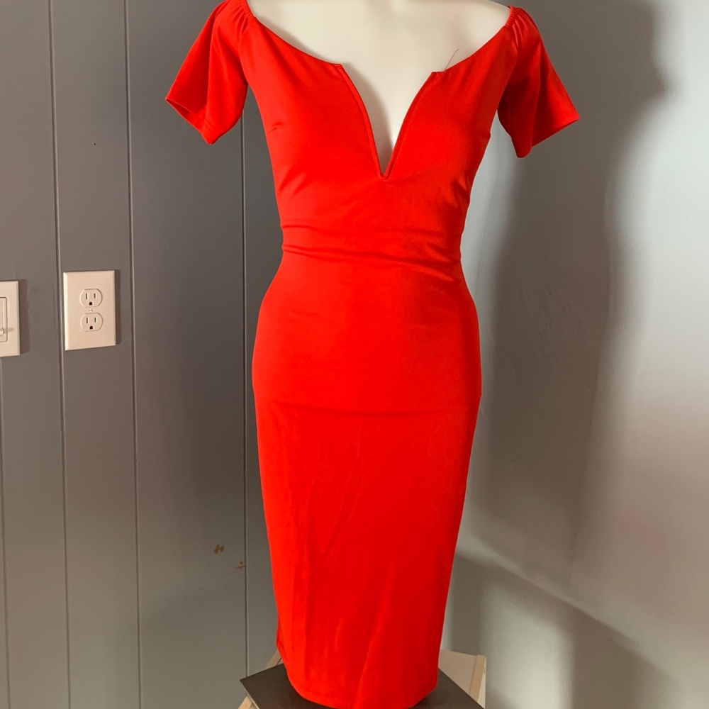 Red fitted off the shoulder dress